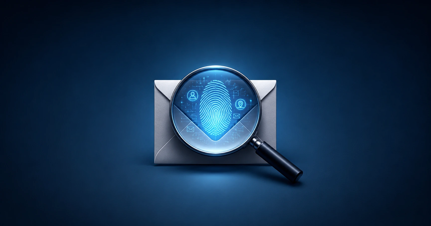 A stylized illustration of a magnifying glass inspecting an email envelope, revealing a hidden digital footprint.