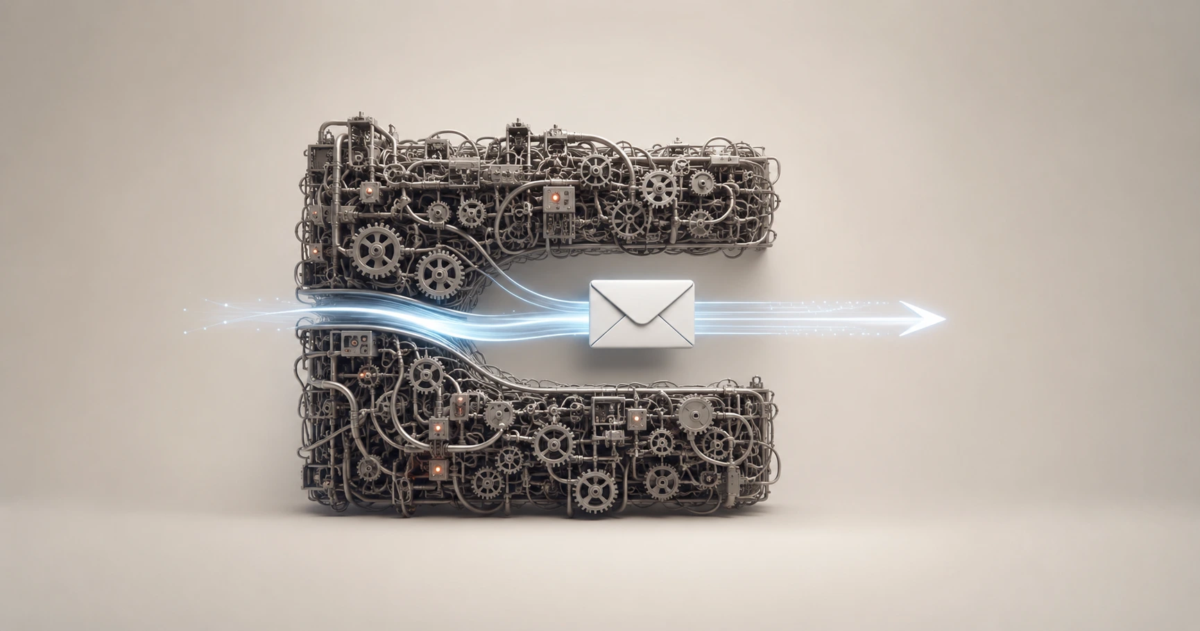A stylized illustration showing a sleek, solitary email envelope bypassing a massive, complex labyrinth of software gears, symbolizing a minimalist tracking approach.