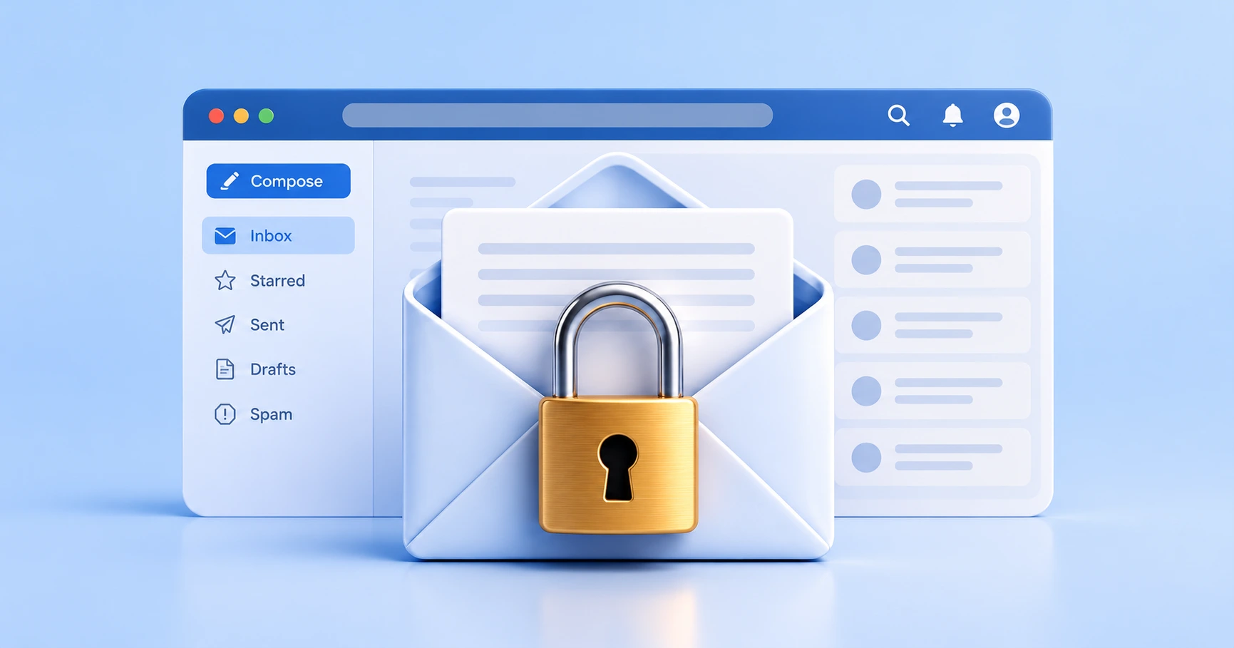 A stylized illustration showing a padlock securing an envelope inside the Gmail interface, representing zero-access email tracking.