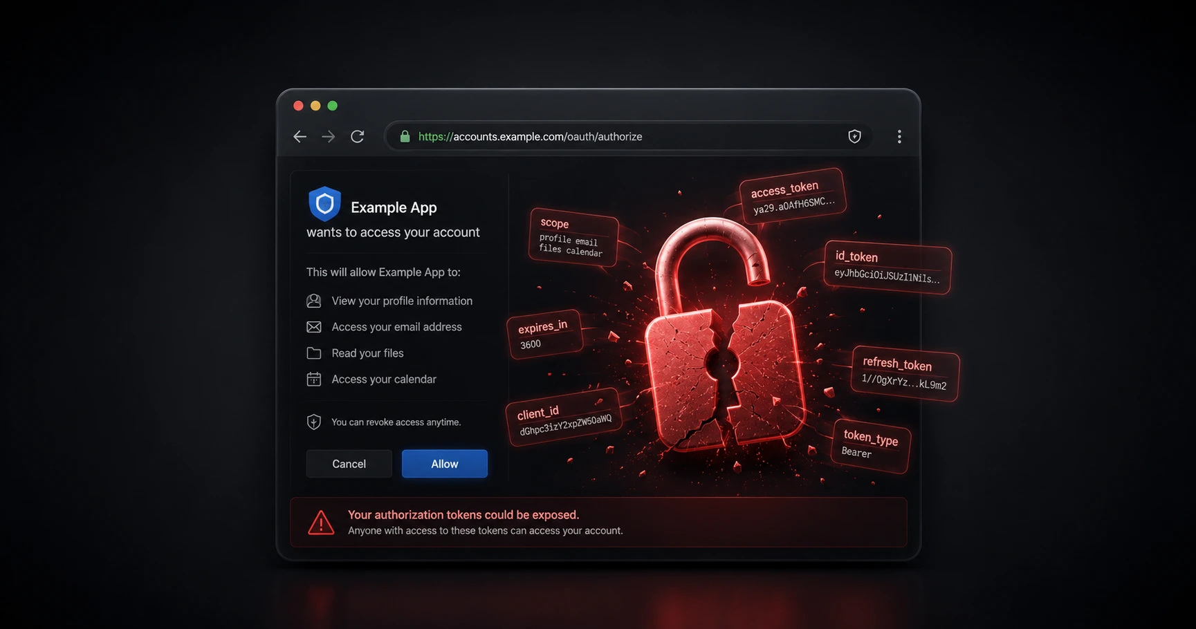 3D rendering of a web browser interface with a padlock breaking apart, highlighting data vulnerabilities